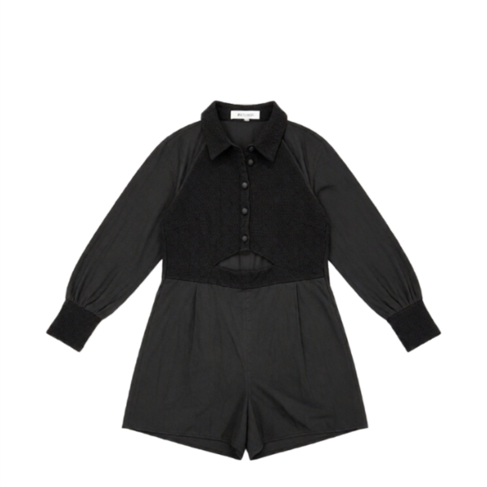 Elliatt Black Textured Romper with Collar and Cutouts
